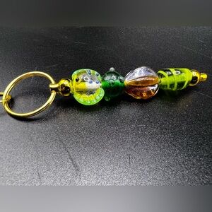 Artisan Amber, Green Fish and Lampwork Glass Bead, Keychain Bag Charm Custom